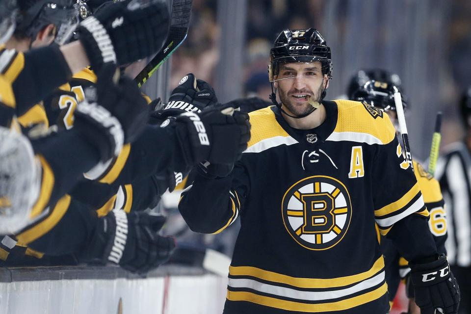 <p>
              Boston Bruins' Patrice Bergeron celebrates his goal during the first period of the team's NHL hockey game against the Columbus Blue Jackets in Boston, Saturday, March 16, 2019. (AP Photo/Michael Dwyer)
            </p>