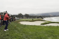 Gary Woodland hits from the rough on the ninth hole during the final round of the U.S. Open Championship golf tournament Sunday, June 16, 2019, in Pebble Beach, Calif. (AP Photo/Marcio Jose Sanchez)