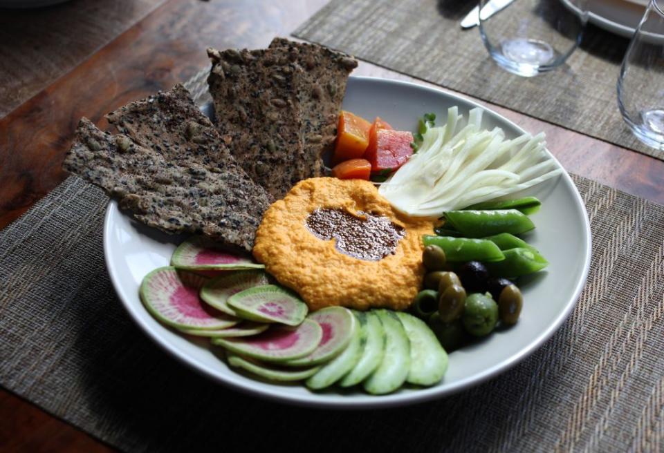 carrot hummus served at greens on thursday, sept 26, 2019, in san francisco, calif greens, a longstanding vegetarian restaurant is commemorating its 40 year anniversary this year