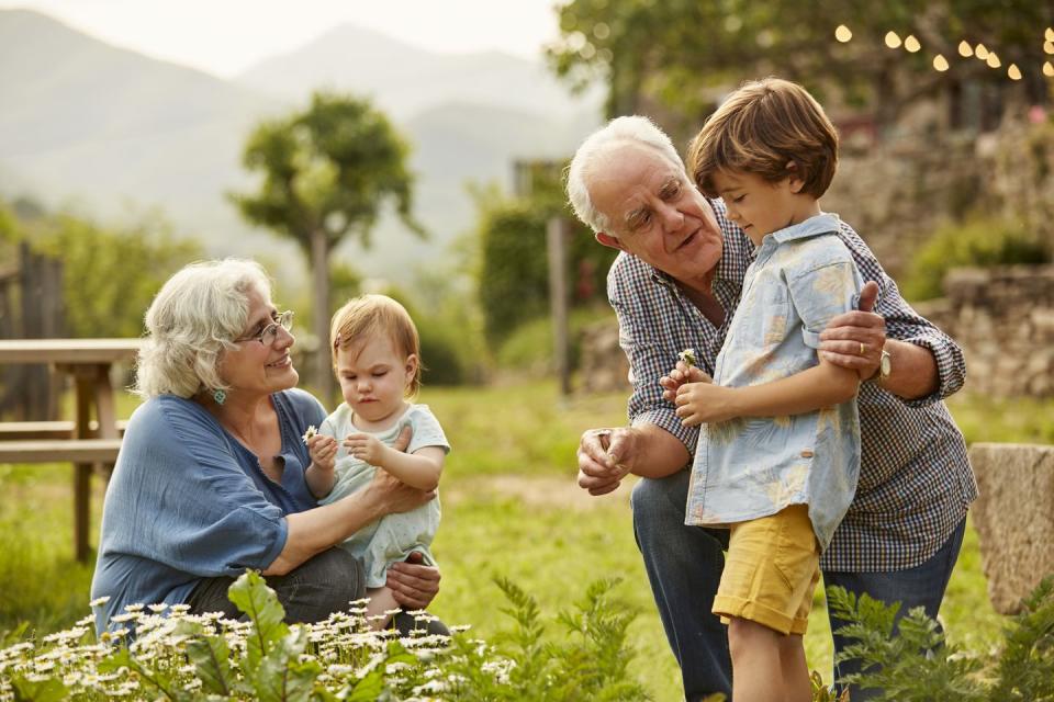 grandparents talking to two young children in yard with mountains and house in background