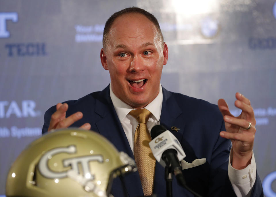 Newly hired Georgia Tech football coach Geoff Collins speaks during a news conference Friday, Dec. 7, 2018, in Atlanta. (AP Photo/John Bazemore)