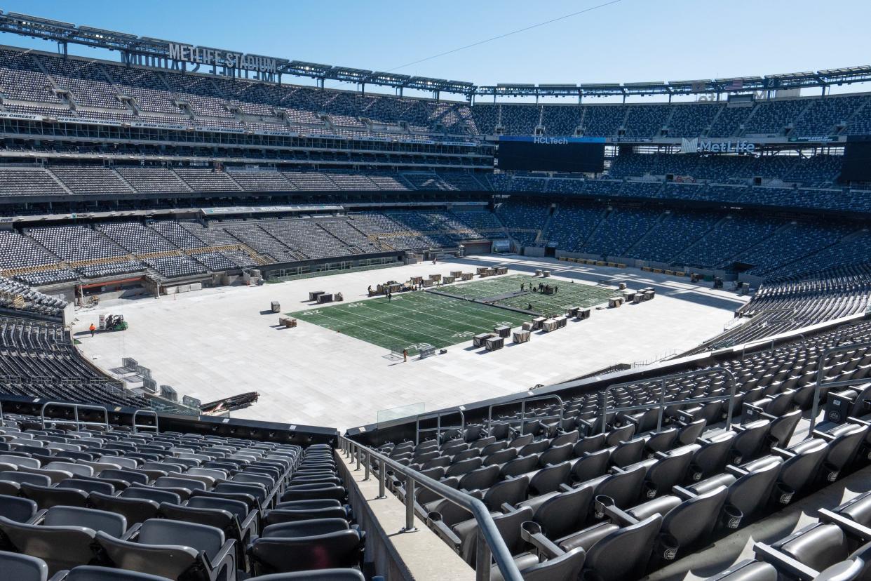 An ice truck hauling equipment to create the ice arrived as the NHL begins converting the field at MetLife Stadium into a hockey arena in East Rutherford, NJ on Monday Feb. 5, 2024. The ice truck is equipped with 300 tonnes of refrigeration. The NHL is also creating a level platform over the turf to build the hockey rink. The New Jersey Devils will battle the Philadelphia Flyers on Saturday, Feb. 17 and the New York Rangers will play the New York Islanders the following day to complete the NHL Stadium Series.