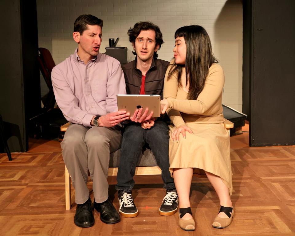 “I Love You, You’re Perfect, Now Change!” runs at Curtain Call Theatre in Braintree from Feb. 10-19. Cast members from left, include Michael Herschberg, Jay Hutzler and Bowen Huang.