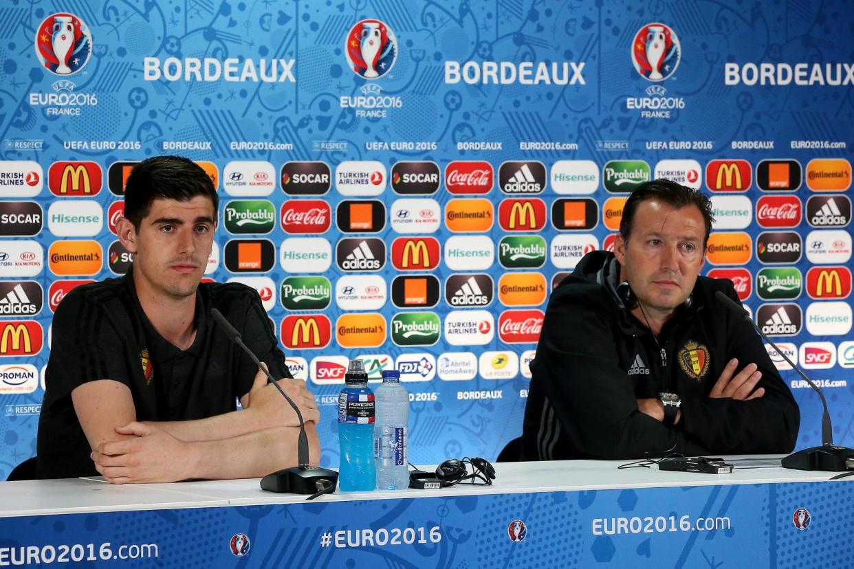 Legal action: Courtois and Wilmots address the media during Euro 2016: UEFA via Getty Images