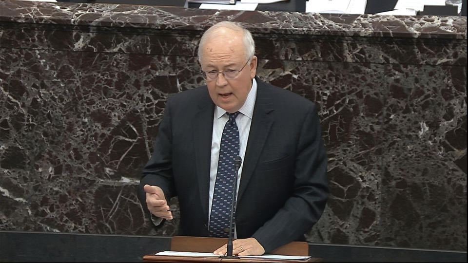 In this image from video, Ken Starr, an attorney for President Donald Trump speaks during closing arguments in the impeachment trial against Trump in the Senate at the U.S. Capitol in Washington, Monday, Feb. 3, 2020. (Senate Television via AP)