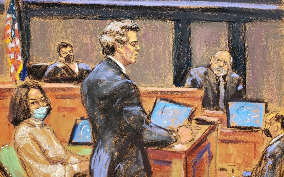 Juan Alessi, who worked full-time for Jeffrey Epstein from 1991 to 2002, is cross-examined by defense attorney Jeffrey Pagliuca during the trial of Ghislaine Maxwell, the Epstein associate accused of sex trafficking, in a courtroom sketch in New York City, U.S., December 3, 2021. - Jane Rosenberg/Reuters