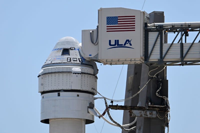 The Boeing Starliner spacecraft sits atop a ULA Atlas V rocket on Complex 41 at the Cape Canaveral Space Force Station on Tuesday. Due to a problem with a valve on the second stage, launch controllers halted Monday's countdown to liftoff. It could possibly take place Friday. Photo by Joe Marino/UPI