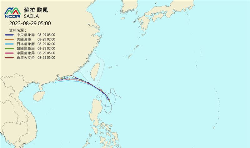 蘇拉颱風逼近，各國官方預測路徑發現幾乎一致。（圖／翻攝自NCDR）