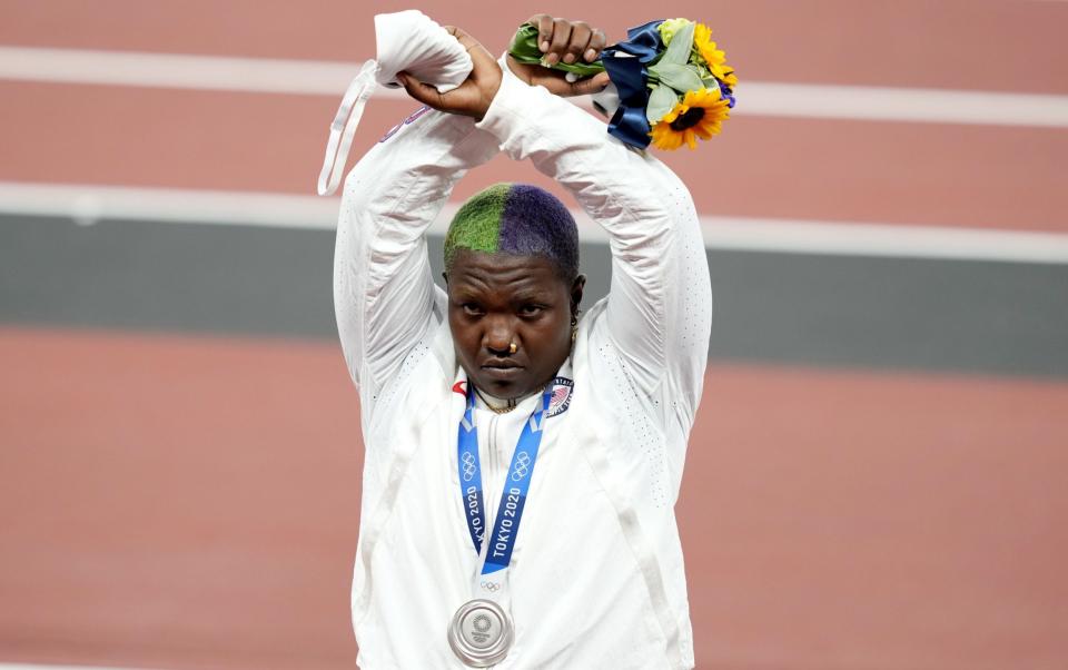 Silver medallist Raven Saunders of the USA during the medal ceremony for the Women's shot put during the Athletics events of the Tokyo 2020 Olympic Games at the Olympic Stadium in Tokyo, Japan, 01 August 2021. - FRANCK ROBICHON/EPA-EFE/Shutterstock