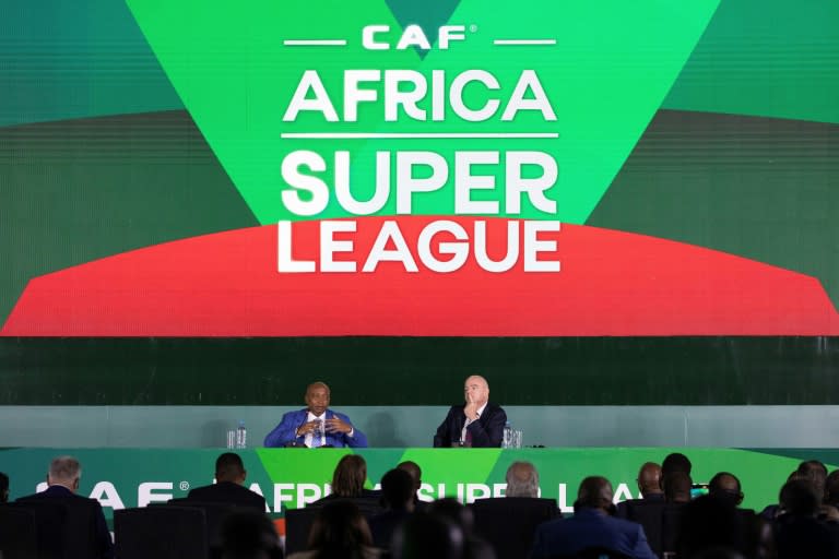 CAF president Patrice Motsepe (L) and FIFA president Gianni Infantino at the Africa Super League launch in Tanzania last August.  (Elijah Bennett)