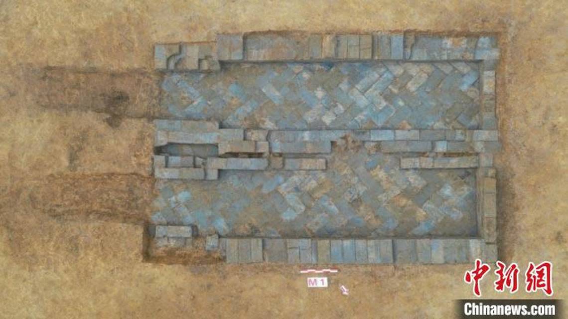 An aerial view showing the arrangement of two tombs at the site.