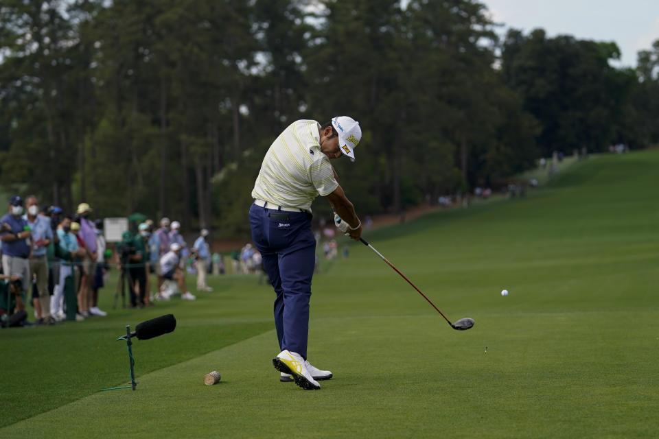 Hideki Matsuyama, of Japan, tees off on the eighth hole during the final round of the Masters golf tournament on Sunday, April 11, 2021, in Augusta, Ga. (AP Photo/Matt Slocum)