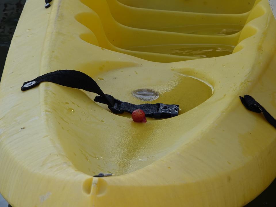 A tornado apparently deposited a strawberry in this kayak at Ventura Harbor, where damage was visible on Dec. 26, 2019, after a winter storm.