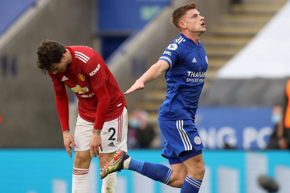 Harvey Barnes celebrates after scoring Leister’s equaliser against Manchester UnitedAFP via Getty