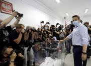 FILE - In this June 28, 2020, file photo, Presidential candidate Rafal Trzaskowski casts his vote during presidential election in Warsaw, Poland. Trzaskowski and President Andrzej Duda are heading into a tight presidential runoff that is seen as an important test for populism in Europe. The Sunday, July 12 election comes after a bitter campaign that has exacerbated a conservative-liberal divide in the country. (AP Photo/Petr David Josek, File)