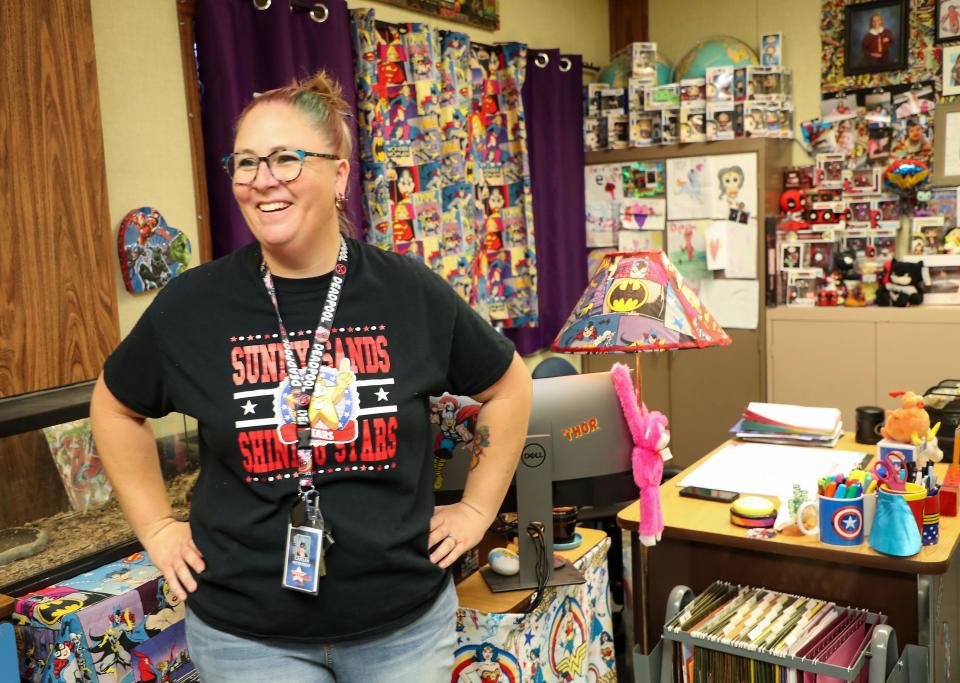 Caitlyn Peterson talks about decorating her fourth grade class with superhero themes at Sunny Sands Elementary in Cathedral City, August 9, 2022. 