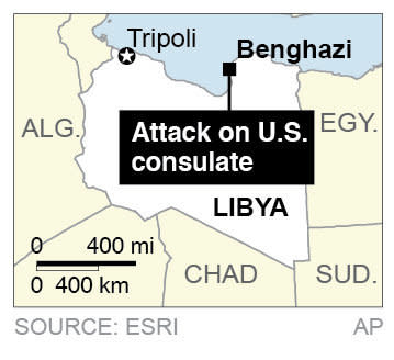 Map locates Benghazi, Libya, where the U.S. ambassador to Libya and three other Americans were killed in an attack