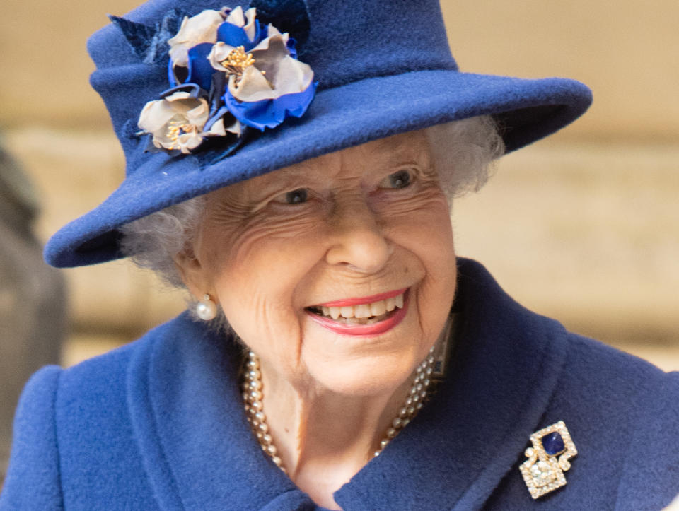 LONDON, ENGLAND - OCTOBER 12: Queen Elizabeth II attends a service of Thanksgiving to mark the centenary of The Royal British Legion at Westminster Abbey on October 12, 2021 in London, England. (Photo by Samir Hussein - Pool/WireImage)