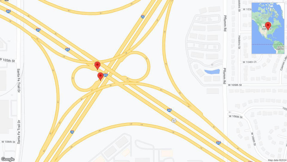 A detailed map that shows the affected road due to 'Lenexa: Monarch Highway temporarily closed' on May 31st at 2:55 p.m.