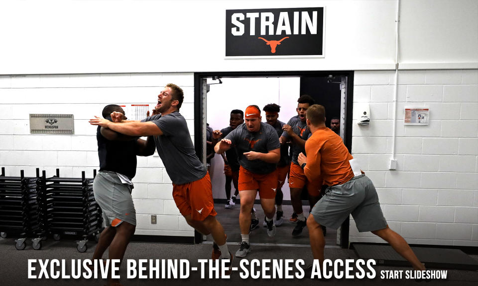 Texas Longhorns football players run into their morning workout Wednesday Sept. 4, 2019 in Austin, Tx. ( Photo by Edward A. Ornelas )