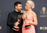 <p>What a night!<em> Ted Lasso</em> costars Brett Goldstein and Hannah Waddingham celebrated their first-time wins (for outstanding supporting actor in a comedy series and outstanding supporting actress in a comedy series, respectively) by posing with their trophies.</p>