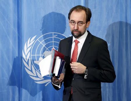 United Nations (U.N.) Human Rights High Commissioner Zeid bin Ra'ad Al Hussein arrives for a media briefing in Geneva, Switzerland, February 1, 2016. REUTERS/Denis Balibouse