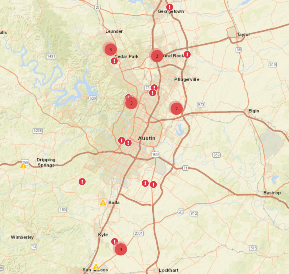 Multiple low water crossings have been closed, spanning from Georgetown and Cedar Park down to San Marcos, according to the ATX Floods.