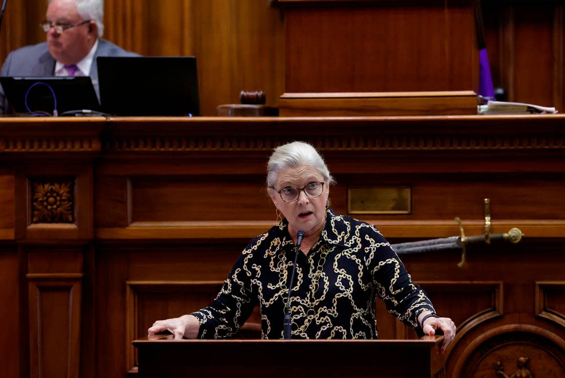 Sen. Katrina Shealy, R-Lexington, discusses the abortion bill in the South Carolina Senate chamber on Wednesday Sept. 8, 2022.