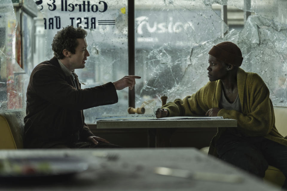 This image released by Paramount Pictures shows Joseph Quinn, left, and Lupita Nyong'o in a scene from "A Quiet Place: Day One." (Gareth Gatrell/Paramount Pictures via AP)