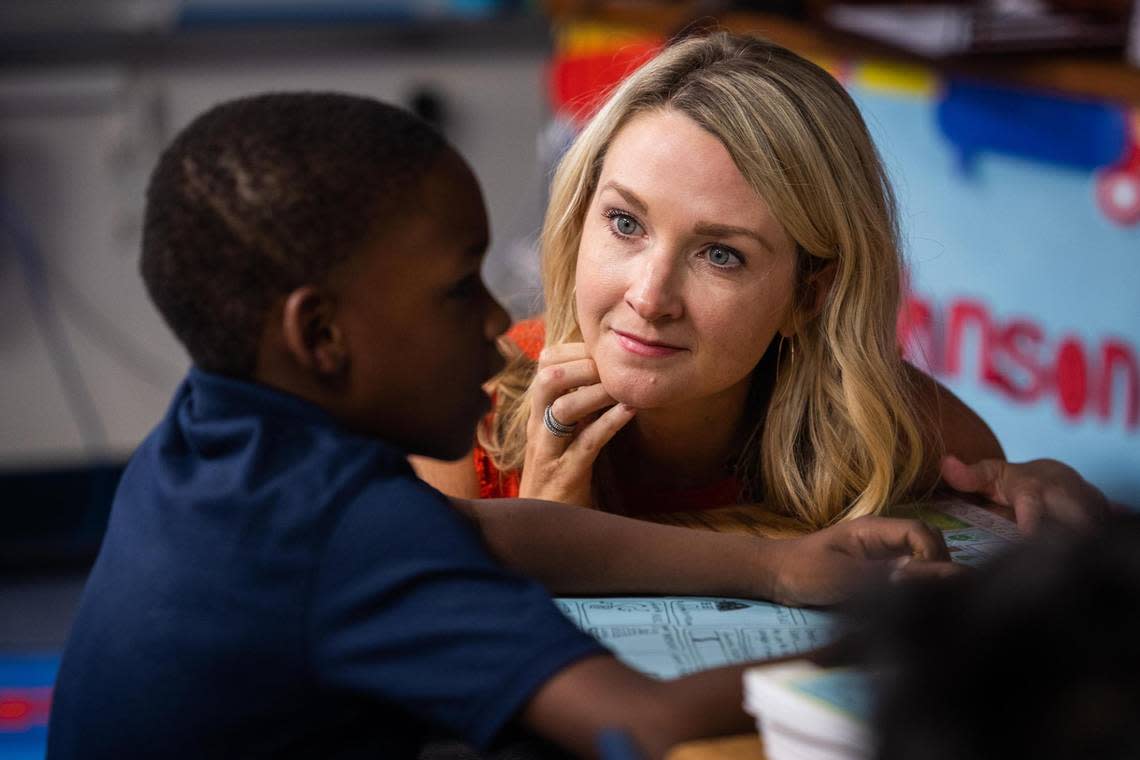 Mayor Mattie Parker chats with Branden Wyatt as classes commence on the first day of school Monday, Aug. 15, 2022, at Clifford Davis Elementary School in Fort Worth.