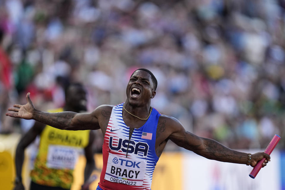 Marvin Bracy, of the United States, wins a heat during the men's 4x100-meter relay at the World Athletics Championships on Friday, July 22, 2022, in Eugene, Ore. (AP Photo/Ashley Landis)
