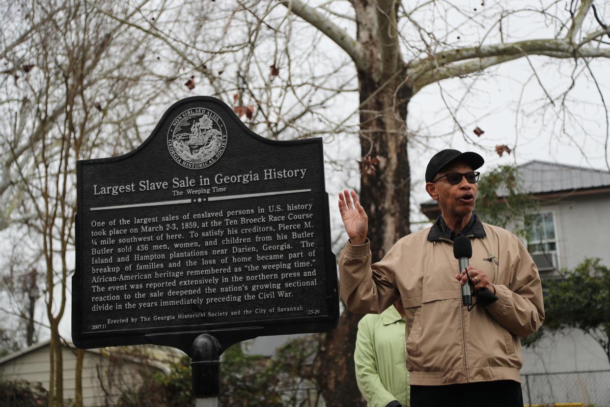 Former Savannah Mayor Otis Johnson offers remarks during a memorial ceremony at the historical marker for the Weeping Time on Saturday, March 2, 2024.