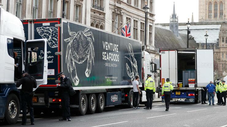 Wegen der Probleme beim Export von Fisch nach Europa haben im Januar mehrere Fischer ihre Lastwagen in der Nähe der Londoner Downing Street geparkt. Foto: dpa