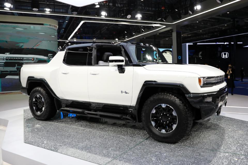 A GMC Hummer EV truck is on display at the General Motors booth during the 4th China International Import Expo