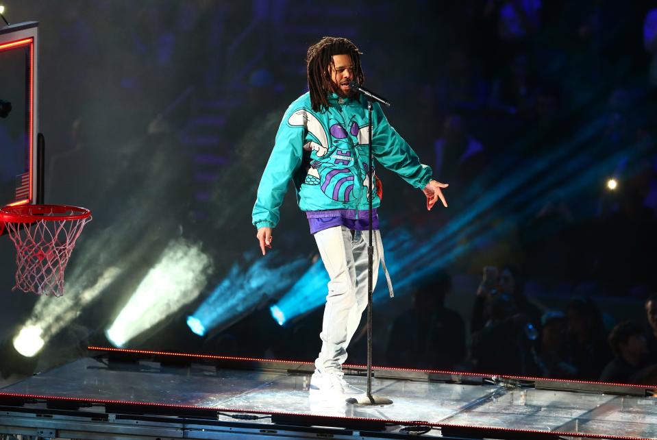 Recording artist J. Cole performs during the half-time show at the 2021 NBA All-Star Game.