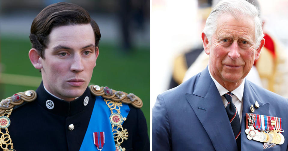 L: Josh O'Connor playing Prince Charles on The Crown. R: Prince Charles smiles at the camera. 