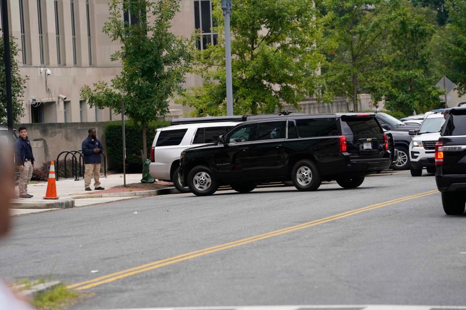 Former President Donald Trump arrives at the E. Barrett Prettyman United States Courthouse to be arraigned on four charges related to the 2020 election. Federal prosecutors are accusing the Trump of undermining American democracy by organizing a wide-ranging conspiracy to steal the 2020 election that prosecutors allege fueled a brazen and historic insurrection at the U.S. Capitol.