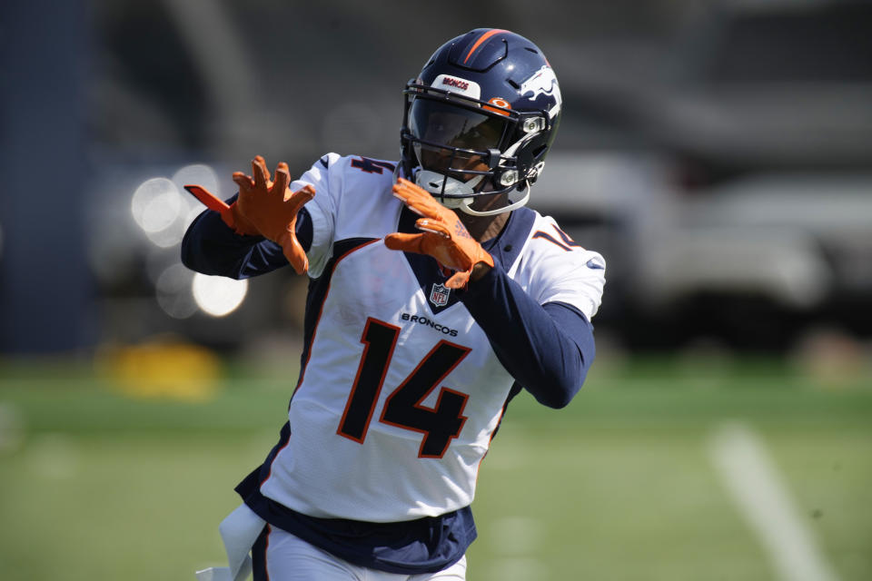 Denver Broncos wide receiver Courtland Sutton takes part in drills at an NFL football training camp at team headquarters Wednesday, July 28, 2021, in Englewood, Colo. (AP Photo/David Zalubowski)