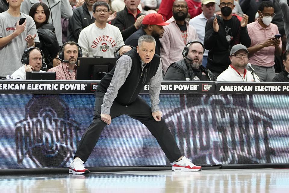 Jan 5, 2023; Columbus, OH, USA;  Ohio State Buckeyes head coach Chris Holtmann watches from the bench during the second half of the NCAA men's basketball game against the Purdue Boilermakers at Value City Arena. Purdue won 71-69. Mandatory Credit: Adam Cairns-The Columbus Dispatch