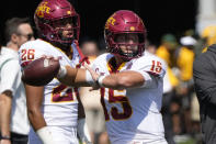 Iowa State quarterback Brock Purdy (15) prepares to pass during team warmups before an NCAA college football game against Baylor, Saturday, Sept. 25, 2021, in Waco, Texas. (AP Photo/Jim Cowsert)