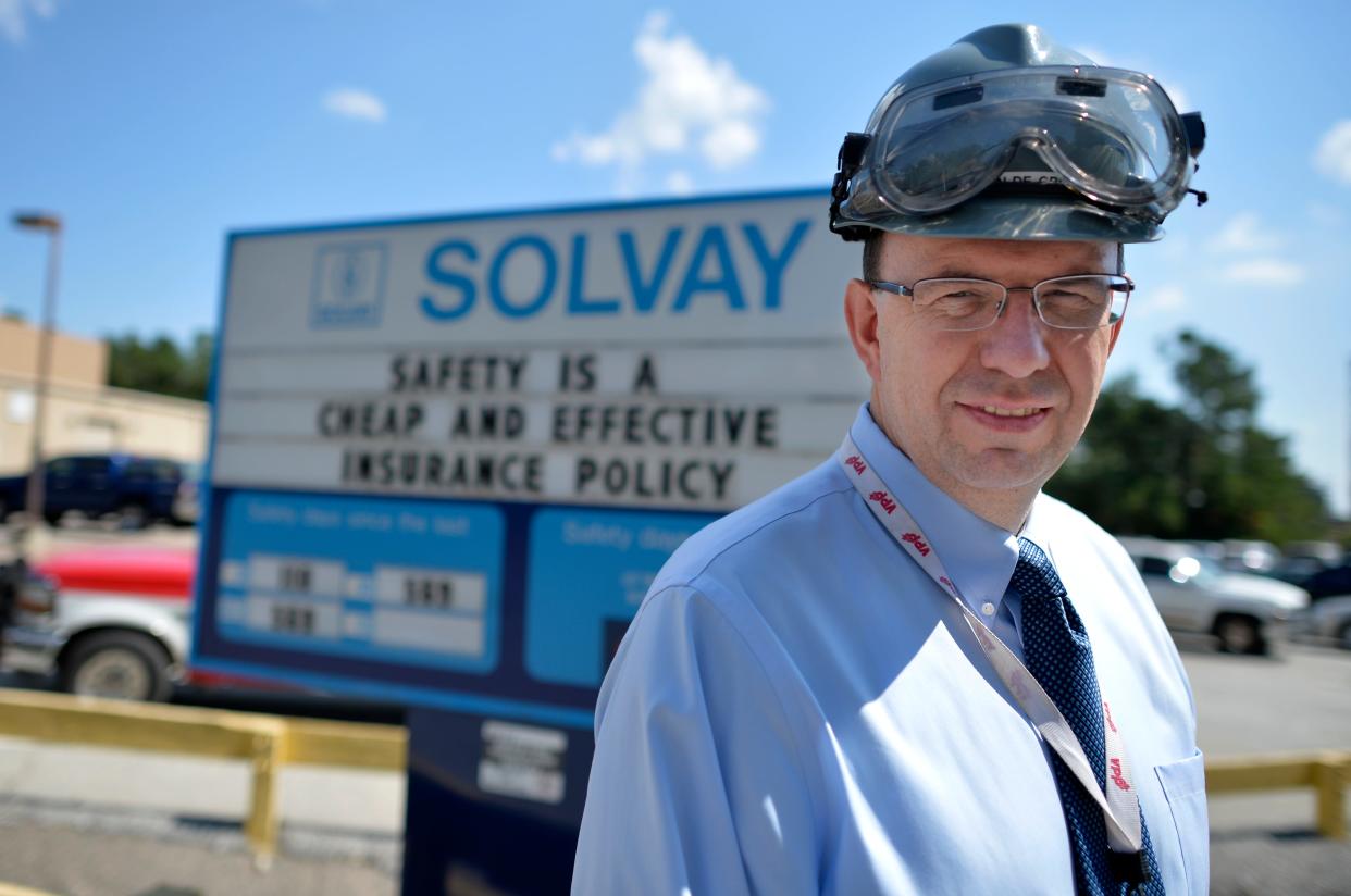 FILE - Solvay Specialty Polymers Augusta site manager Alain De Greef stands in front at the Solvay plant off Tobacco Road in Augusta in this photo from 2014. Solvay has announced the proposed construction of a new production facility in Augusta to make components for electric vehicle batteries.