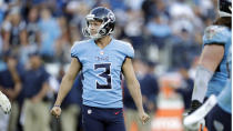 Tennessee Titans kicker Cody Parkey (3) reacts to missing an extra point by hitting the right upright in the second half of an NFL football game against the Los Angeles Chargers Sunday, Oct. 20, 2019, in Nashville, Tenn. (AP Photo/James Kenney)