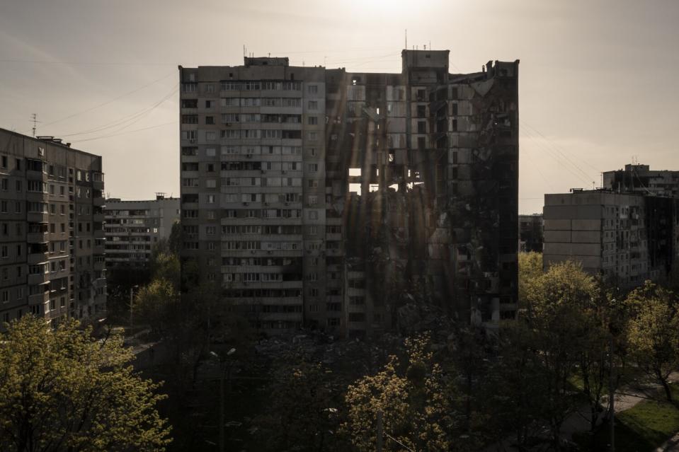 Building heavily damaged by Russian bombardment.