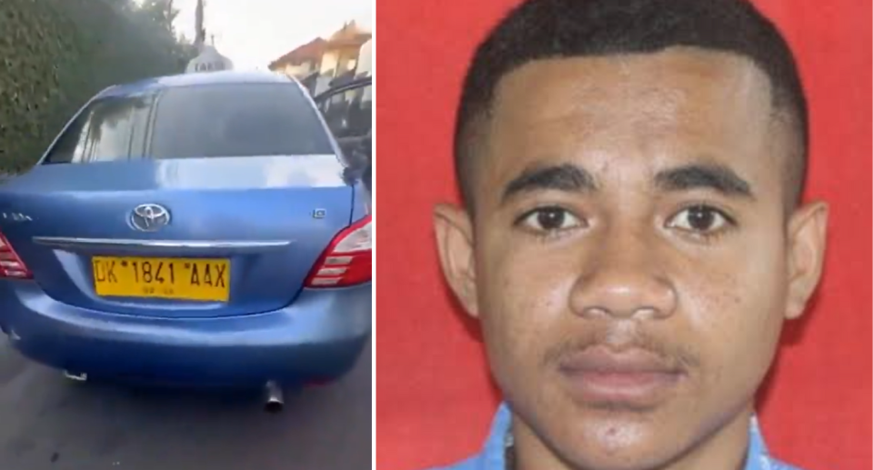 The back of the taxi in Bali (left) and the driver (Yanuarius Toebkae). 