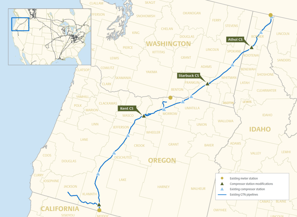 A map of the Gas Transmission Northwest Express pipeline, or GTN Express, from the Idaho-Canada border to Southern Oregon. It runs from the Canada-Idaho border to Malin, a town in southern Oregon’s Klamath County.