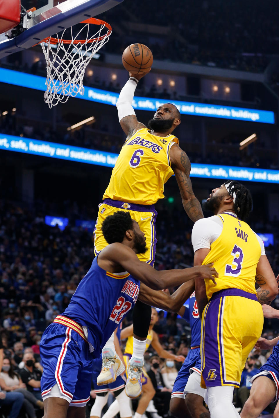 LeBron James #6 of the Los Angeles Lakers dunks the ball in the first half against the Golden State Warriors at Chase Center on February 12, 2022 in San Francisco, California. - Credit: Lachlan Cunningham/Getty Images
