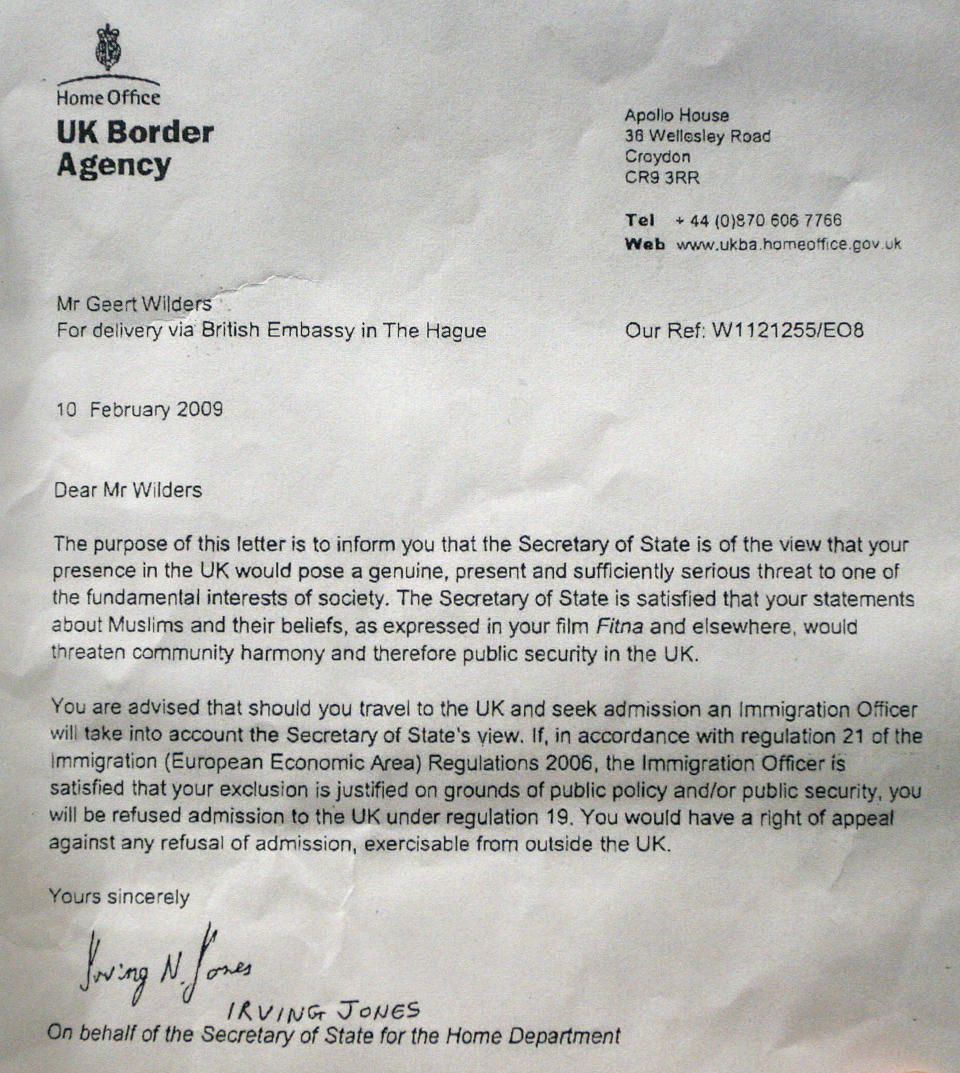 A copy of the original letter sent from the Home Office to Geert Wilders in 2009, refusing him admission to the UK. (Reuters)