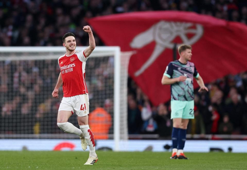 Arsenal's Declan Rice celebrates scoring at the Emirates (Reuters)
