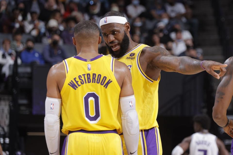 <div class="inline-image__caption"><p>LeBron James talks with Russell Westbrook of the Los Angeles Lakers during a preseason game against the Sacramento Kings on October 14, 2021, at Golden 1 Center in Sacramento, California.</p></div> <div class="inline-image__credit">Rocky Widner/Getty</div>