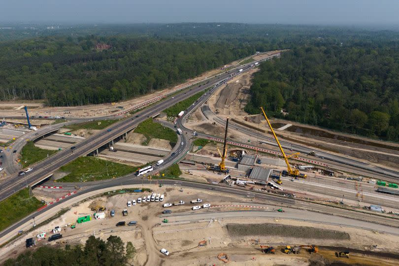 Engineering works taking place at the A3 Wisley interchange at Junction 10 of the M25 as concrete beams for a new bridge are installed. Picture date: Saturday May 11, 2024.